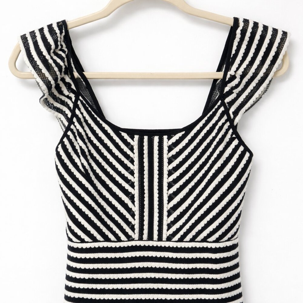 BCBGMAXAZRIA NWOT Striped Scalloped Knit Ruffle Open-Back Sheath Dress - Picture 5 of 12